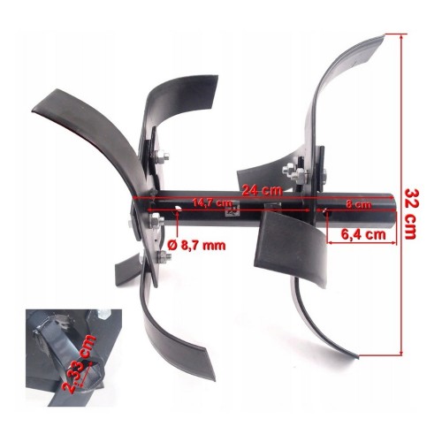 Przejdź do produktu Motyka wewnętrzna podwójna prawa do glebogryzarki  Hortmasz HGS LX750 HS212 LX1000 HS212, długość piasty 24 cm, rozstaw noży na piaście 15 cm