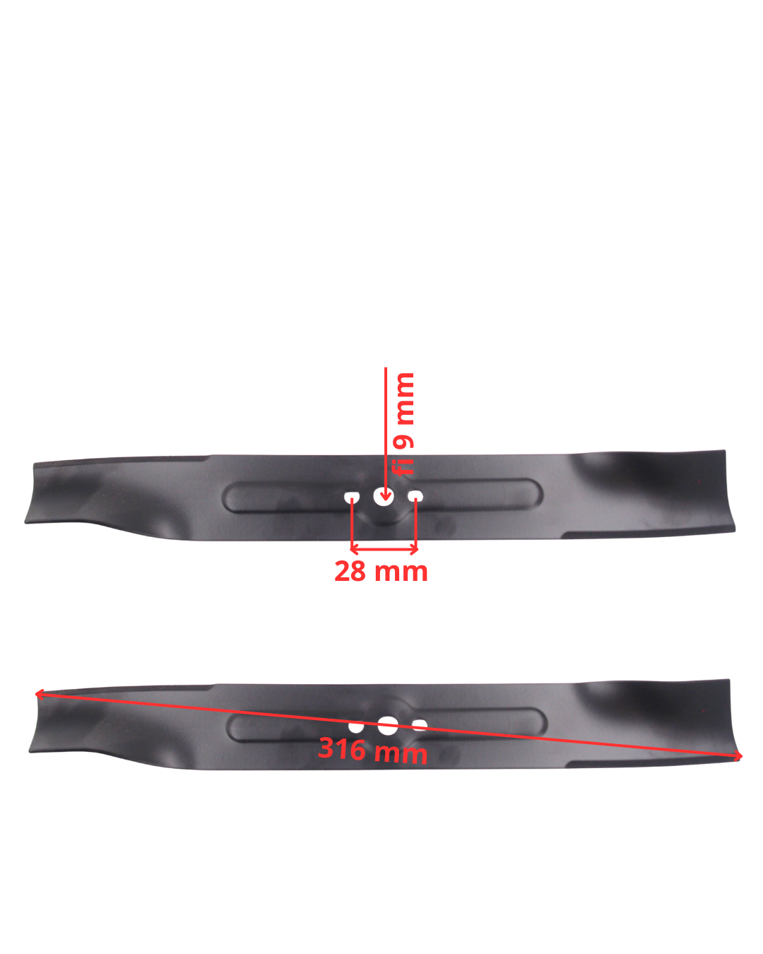 Nóż tnący do kosiarki elektrycznej GT 132KE długość 31,6 cm fi otworu 8,5 mm rozstaw otworów 29 mm